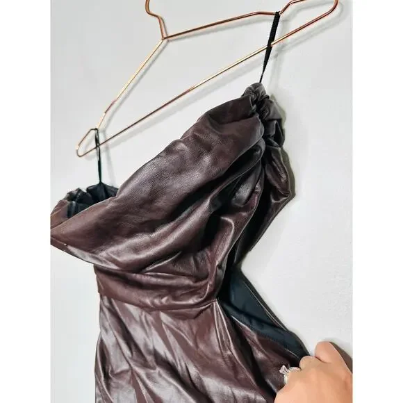 A.L.C. Brown Faux Leather Sleeveless Strapless Ruched Side Cutout Andie Dress 8 - Picture 8 of 16
